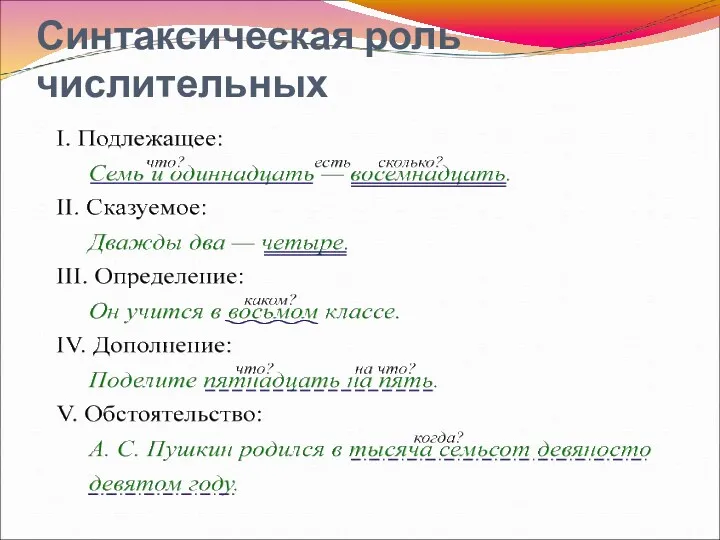 Синтаксическая роль числительных