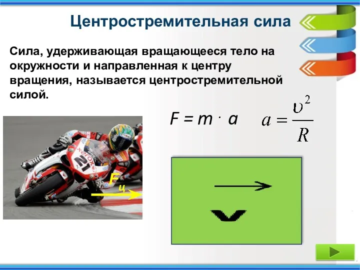 Центростремительная сила Сила, удерживающая вращающееся тело на окружности и направленная