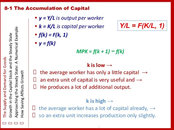 y = Y/L is output per worker k = K/L