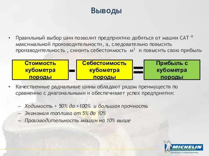 Выводы Правильный выбор шин позволит предприятию добиться от машин CAT