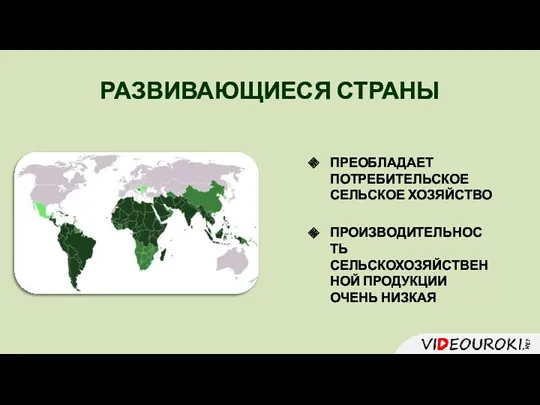 ПРЕОБЛАДАЕТ ПОТРЕБИТЕЛЬСКОЕ СЕЛЬСКОЕ ХОЗЯЙСТВО ПРОИЗВОДИТЕЛЬНОСТЬ СЕЛЬСКОХОЗЯЙСТВЕННОЙ ПРОДУКЦИИ ОЧЕНЬ НИЗКАЯ РАЗВИВАЮЩИЕСЯ СТРАНЫ