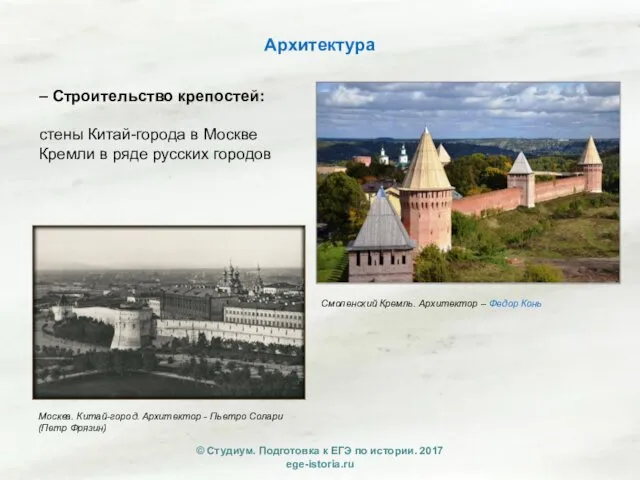 Архитектура – Строительство крепостей: стены Китай-города в Москве Кремли в ряде русских городов