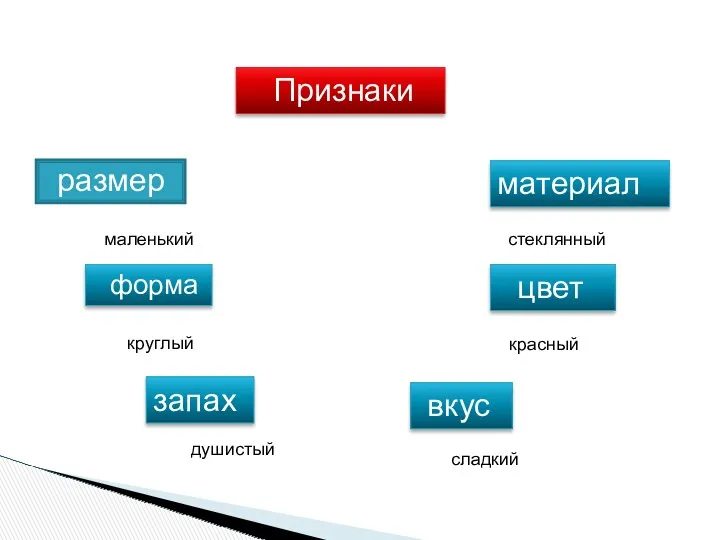 Признаки величина маленький форма круглый запах душистый вкус цвет материал сладкий красный стеклянный размер