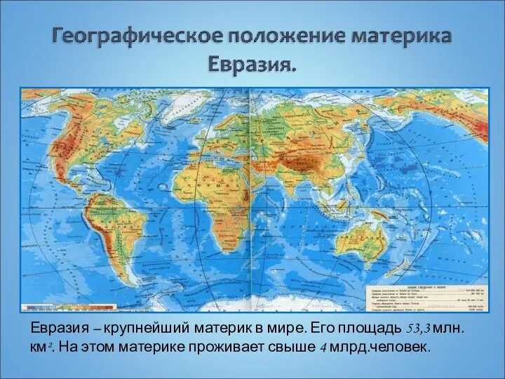 Евразия – крупнейший материк в мире. Его площадь 53,3 млн.км².