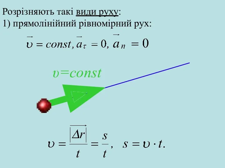 Розрізняють такі види руху: 1) прямолінійний рівномірний рух: υ=const