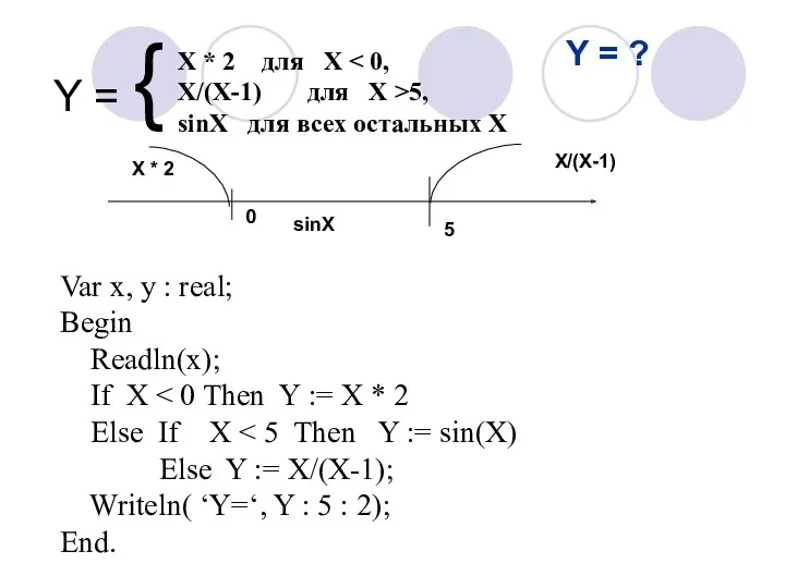 Y = { X * 2 для X X/(X-1) для Х >5, sinX