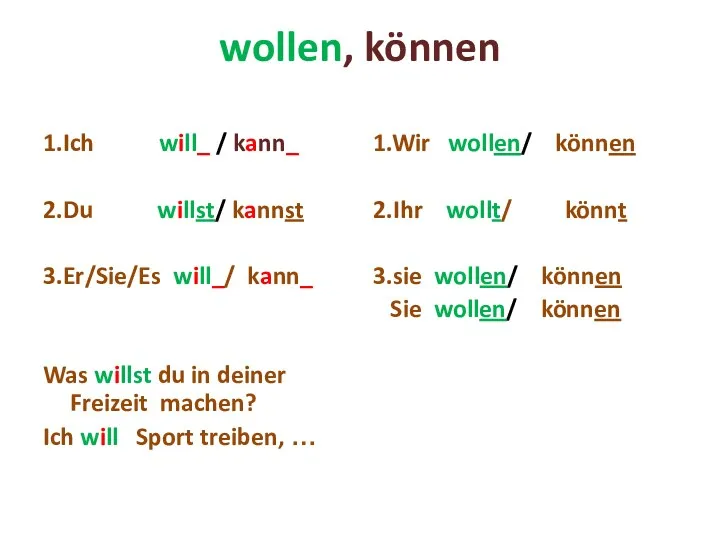 wollen, können 1.Ich will_ / kann_ 2.Du willst/ kannst 3.Er/Sie/Es