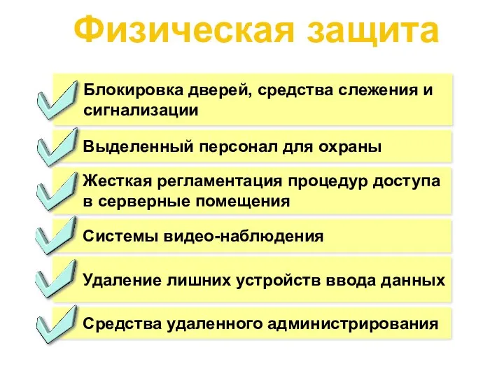 Физическая защита Блокировка дверей, средства слежения и сигнализации Выделенный персонал для охраны Жесткая