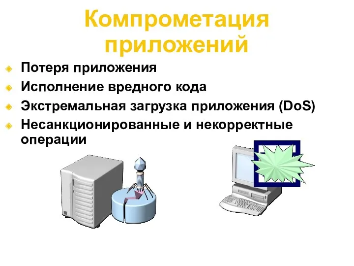 Компрометация приложений Настольные приложения для создания и модификации данных Серверные приложения (Exchange Server,