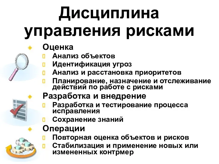 Дисциплина управления рисками Оценка Анализ объектов Идентификация угроз Анализ и расстановка приоритетов Планирование,