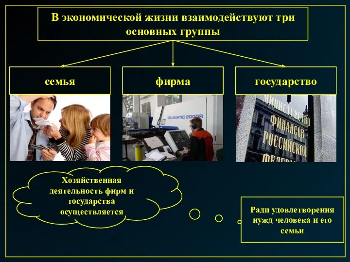 В экономической жизни взаимодействуют три основных группы семья фирма государство