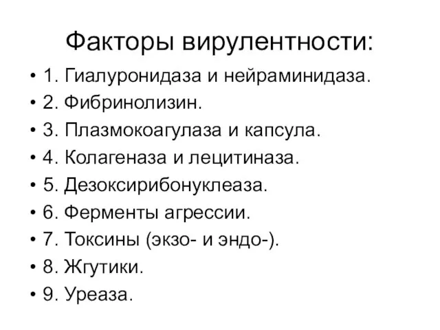 Факторы вирулентности: 1. Гиалуронидаза и нейраминидаза. 2. Фибринолизин. 3. Плазмокоагулаза