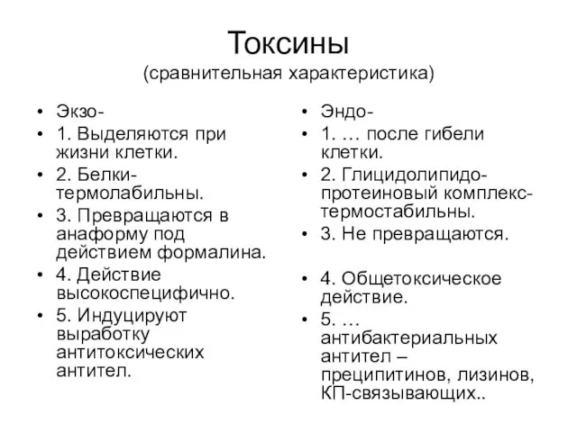 Токсины (сравнительная характеристика) Экзо- 1. Выделяются при жизни клетки. 2.