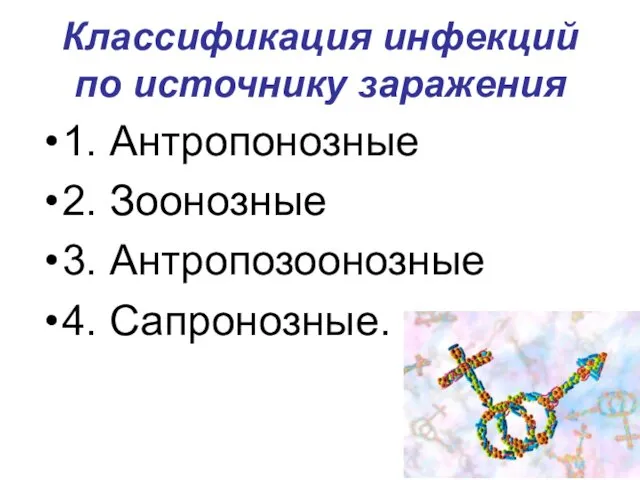 Классификация инфекций по источнику заражения 1. Антропонозные 2. Зоонозные 3. Антропозоонозные 4. Сапронозные.