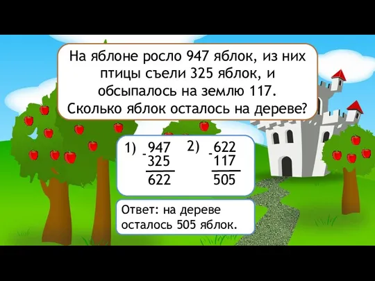 На яблоне росло 947 яблок, из них птицы съели 325