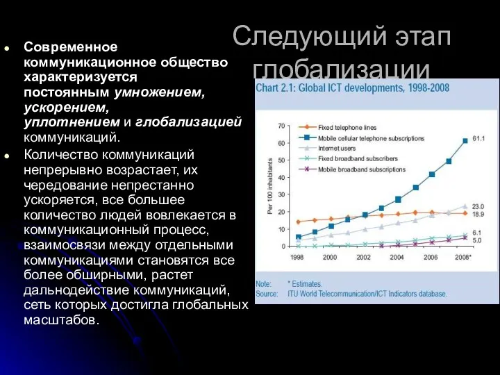 Следующий этап глобализации Современное коммуникационное общество характеризуется постоянным умножением, ускорением,