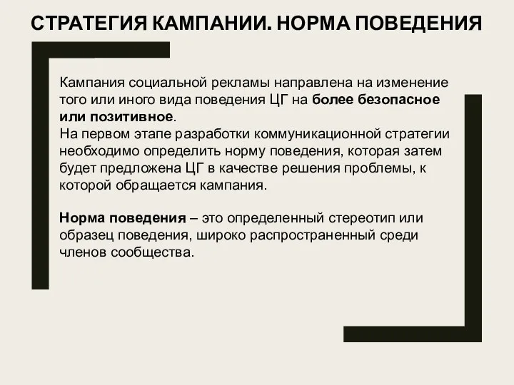 СТРАТЕГИЯ КАМПАНИИ. НОРМА ПОВЕДЕНИЯ Кампания социальной рекламы направлена на изменение