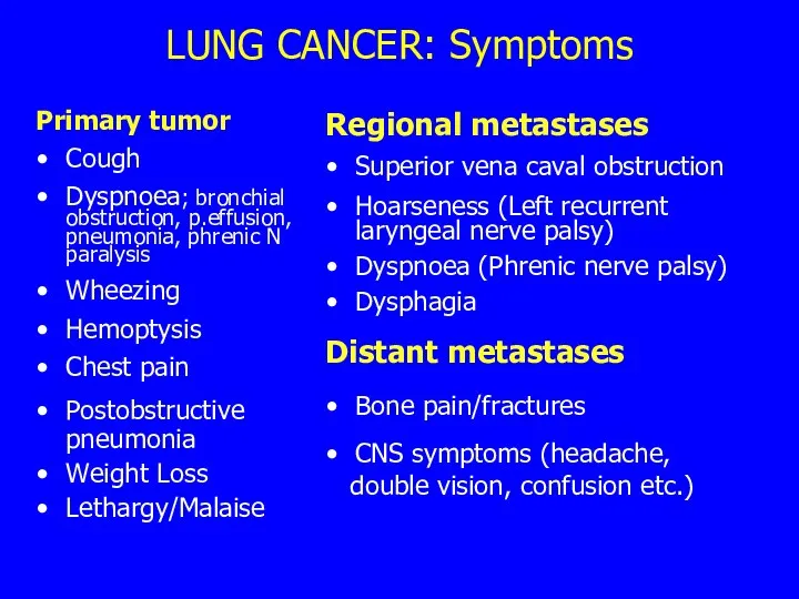 LUNG CANCER: Symptoms Primary tumor Cough Dyspnoea; bronchial obstruction, p.effusion, pneumonia, phrenic N