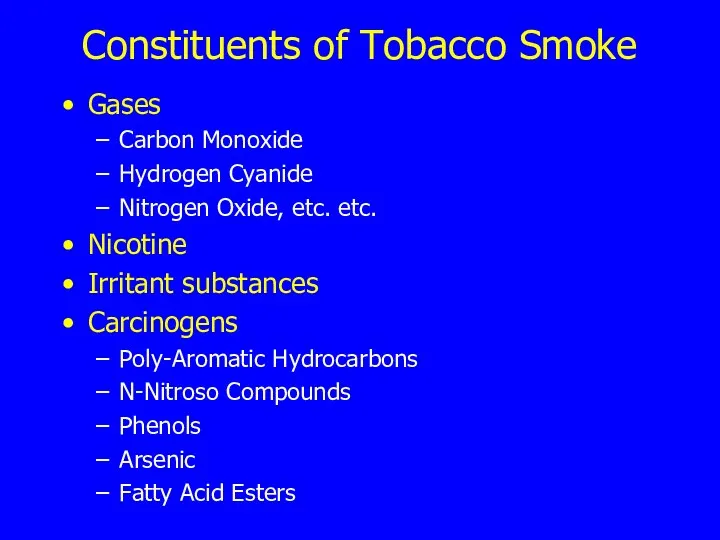 Constituents of Tobacco Smoke Gases Carbon Monoxide Hydrogen Cyanide Nitrogen Oxide, etc. etc.