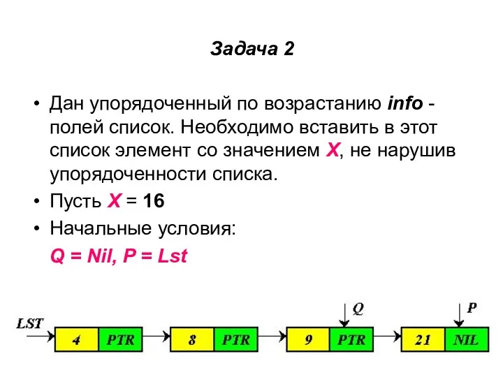 Задача 2 Дан упорядоченный по возрастанию info - полей список.