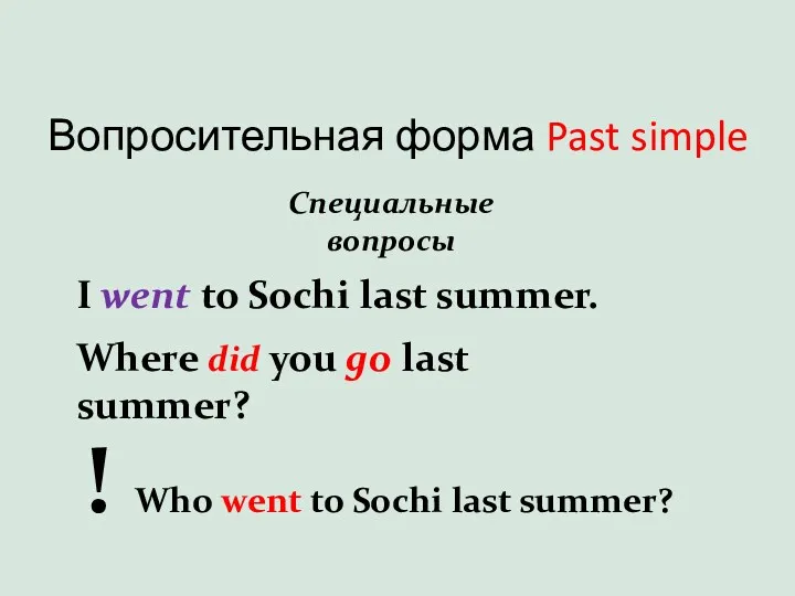 Вопросительная форма Past simple Специальные вопросы I went to Sochi