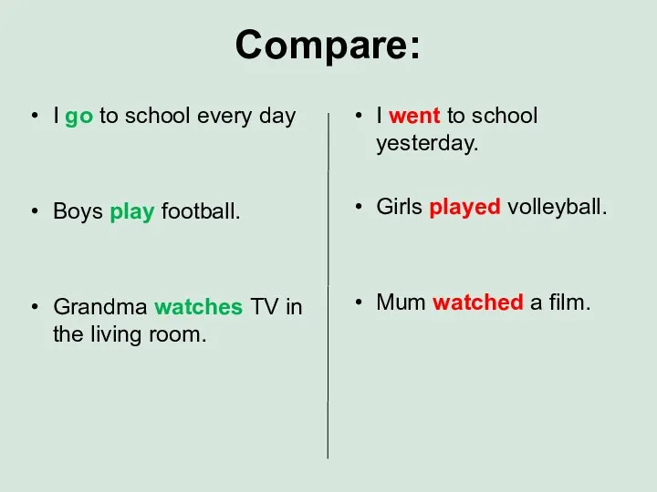Compare: I go to school every day Boys play football.