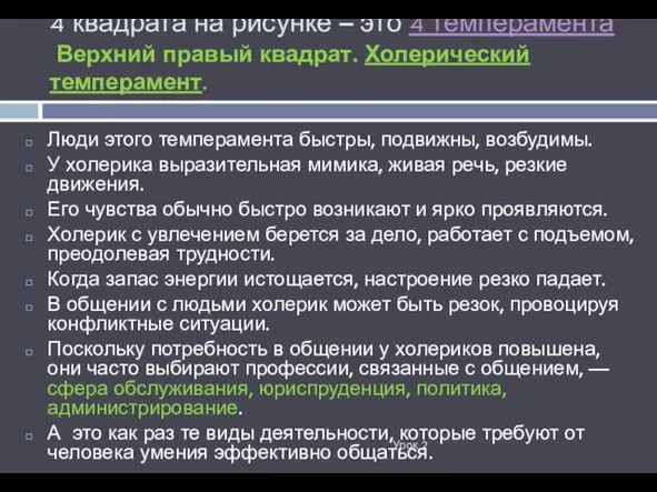 4 квадрата на рисунке – это 4 темперамента Верхний правый