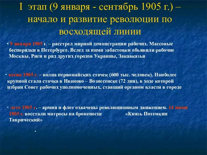 I этап (9 января - сентябрь 1905 г.) – начало и развитие революции