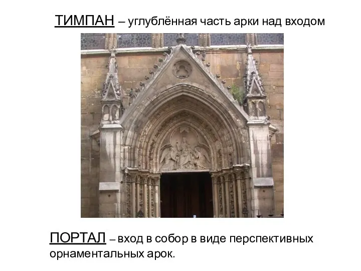 ТИМПАН – углублённая часть арки над входом ПОРТАЛ – вход