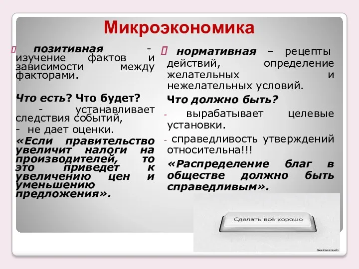 Микроэкономика позитивная - изучение фактов и зависимости между факторами. Что