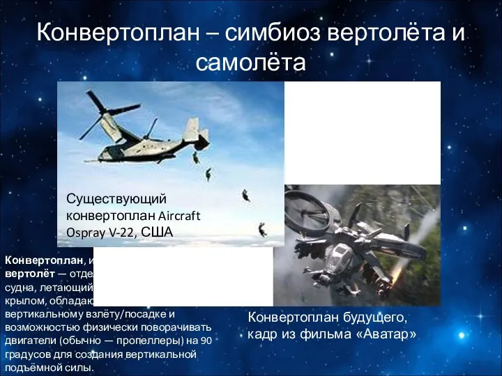 Конвертоплан – симбиоз вертолёта и самолёта Существующий конвертоплан Aircraft Ospray