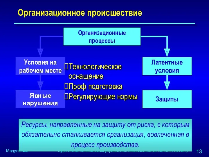 Организационное происшествие Технологическое оснащение Проф подготовка Регулирующие нормы Ресурсы, направленные