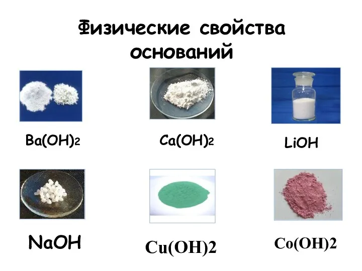 Физические свойства оснований Ba(OH)2 Co(OH)2 NaOH Ca(OH)2 LiOH Cu(OH)2