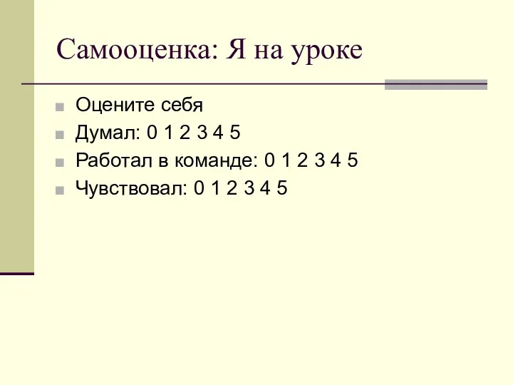 Самооценка: Я на уроке Оцените себя Думал: 0 1 2