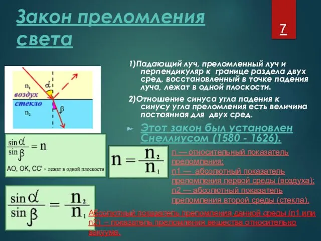 Закон преломления света 1)Падающий луч, преломленный луч и перпендикуляр к границе раздела двух