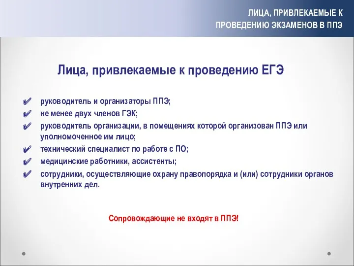 ЛИЦА, ПРИВЛЕКАЕМЫЕ К ПРОВЕДЕНИЮ ЭКЗАМЕНОВ В ППЭ руководитель и организаторы