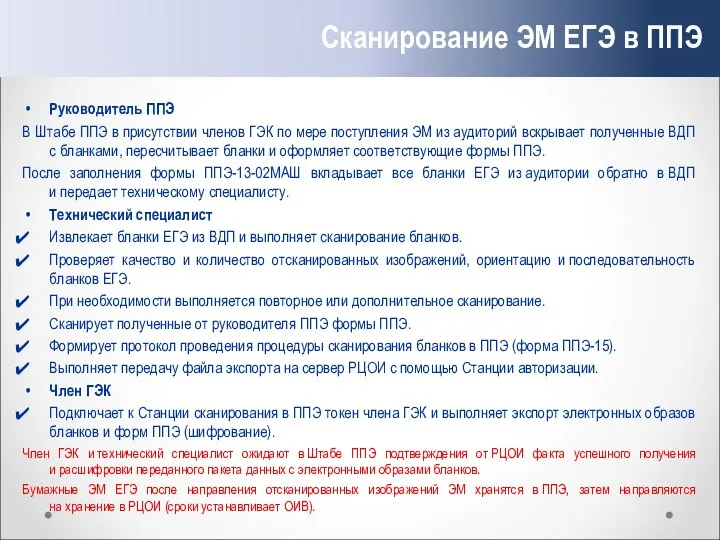 Сканирование ЭМ ЕГЭ в ППЭ Руководитель ППЭ В Штабе ППЭ