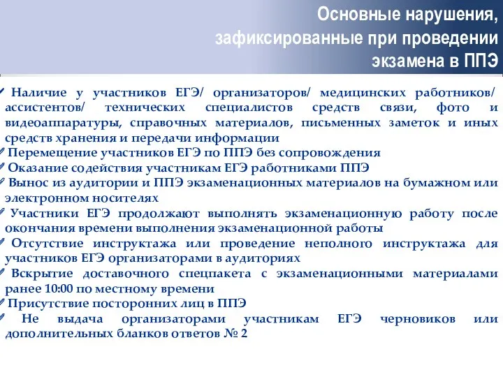 Основные нарушения, зафиксированные при проведении экзамена в ППЭ Наличие у