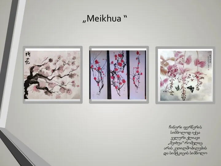 „Meikhua “ ჩინური ფერწერის სიმბოლოდ იქცა ველური ქლიავი „მეიხუა“ რომელიც არის კეთილშობილების და სიმტკიცის სიმბოლო