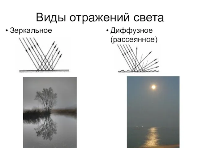 Виды отражений света Зеркальное Диффузное (рассеянное)