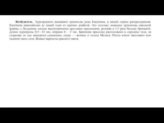 Возбудитель. Эуритрематоз вызывают трематоды рода Eurytrema, в нашей стране распространена