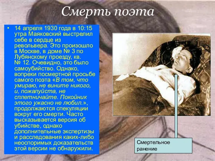 Смерть поэта 14 апреля 1930 года в 10:15 утра Маяковский