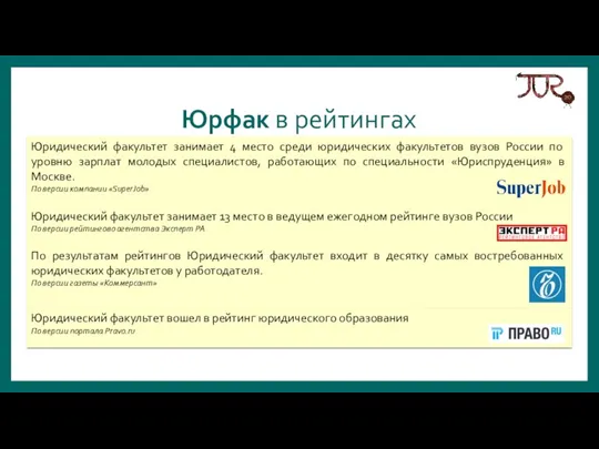 Юрфак в рейтингах Юридический факультет занимает 4 место среди юридических