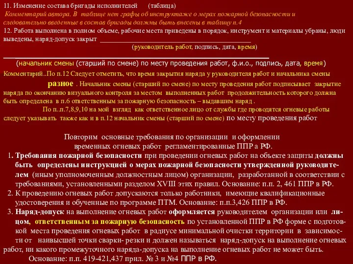 11. Изменение состава бригады исполнителей (таблица) Комментарий автора. В таблице