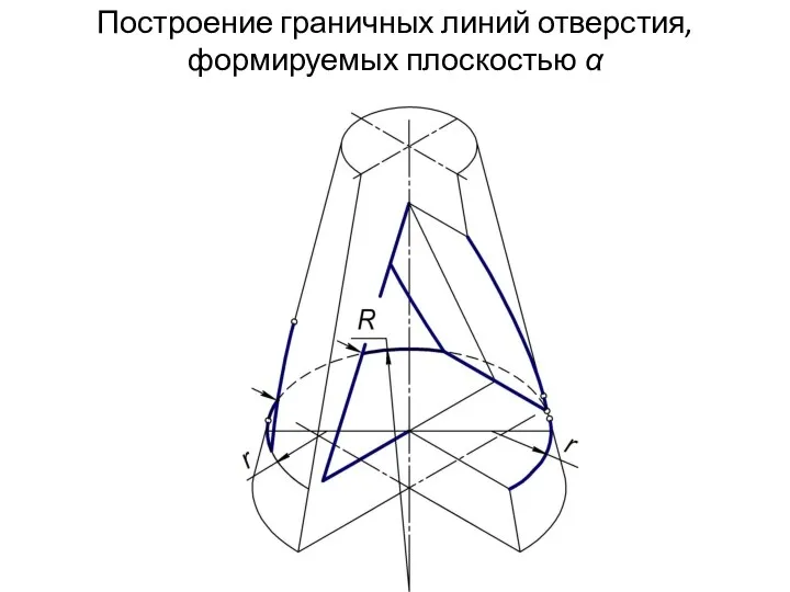 Построение граничных линий отверстия, формируемых плоскостью α