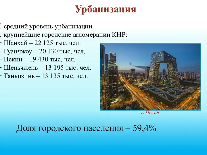 Урбанизация средний уровень урбанизации крупнейшие городские агломерации КНР: Шанхай –