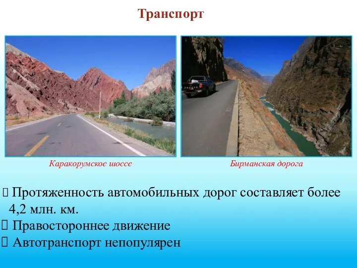 Транспорт Каракорумское шоссе Бирманская дорога Протяженность автомобильных дорог составляет более