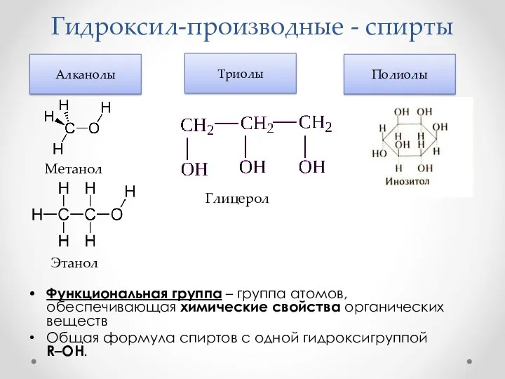 Гидроксил-производные - спирты Функциональная группа – группа атомов, обеспечивающая химические
