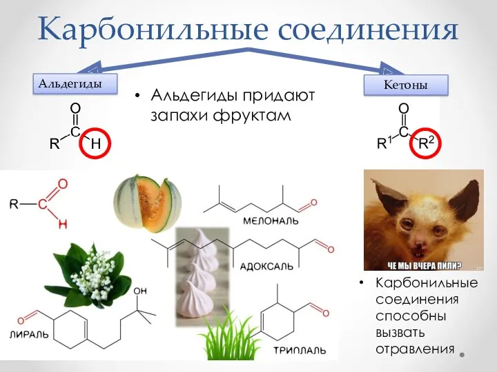 Карбонильные соединения Альдегиды придают запахи фруктам Альдегиды Кетоны Карбонильные соединения способны вызвать отравления