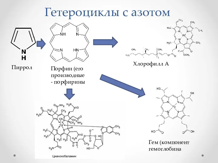 Гетероциклы с азотом Пиррол Порфин (его производные - порфирины Хлорофилл А Гем (компонент гемоглобина